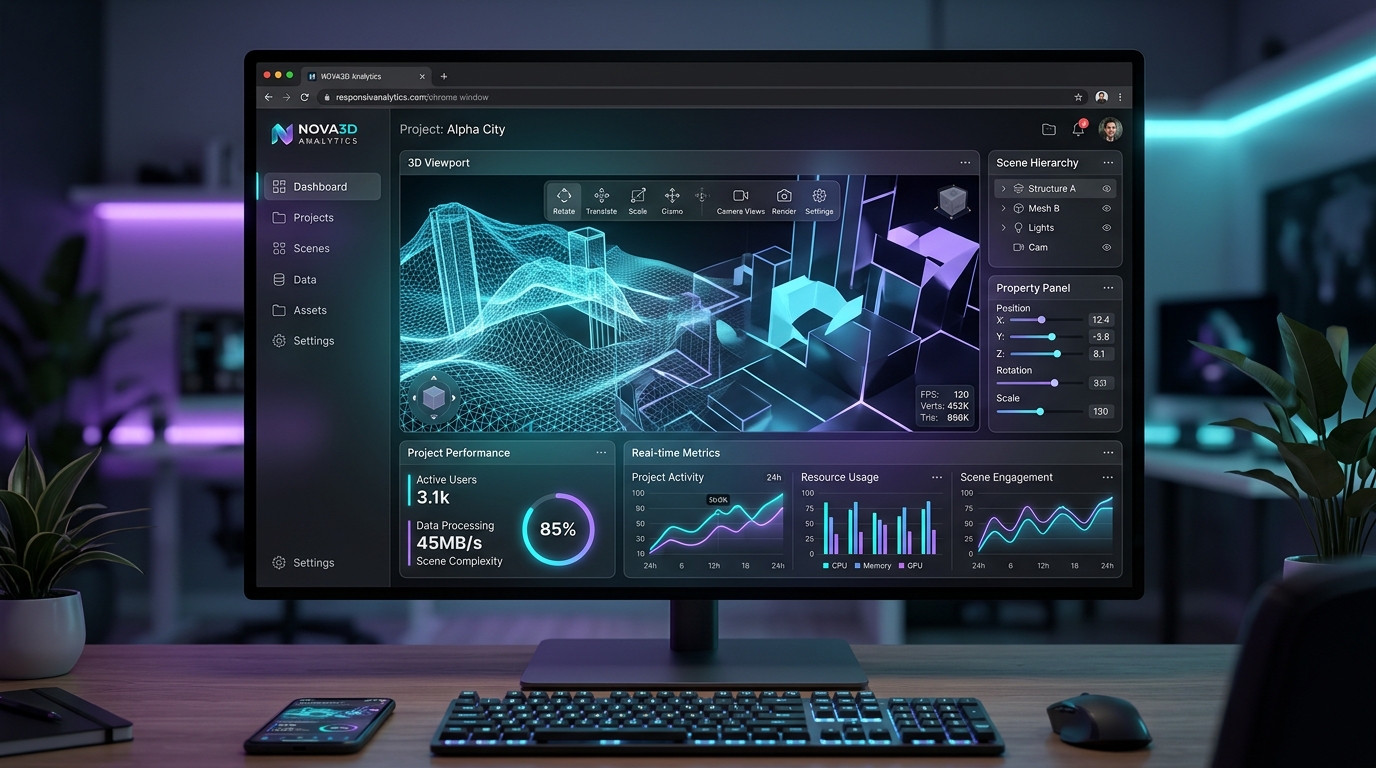 Interfaz de usuario moderna con Dark Glassmorphism y viewport 3D interactivo